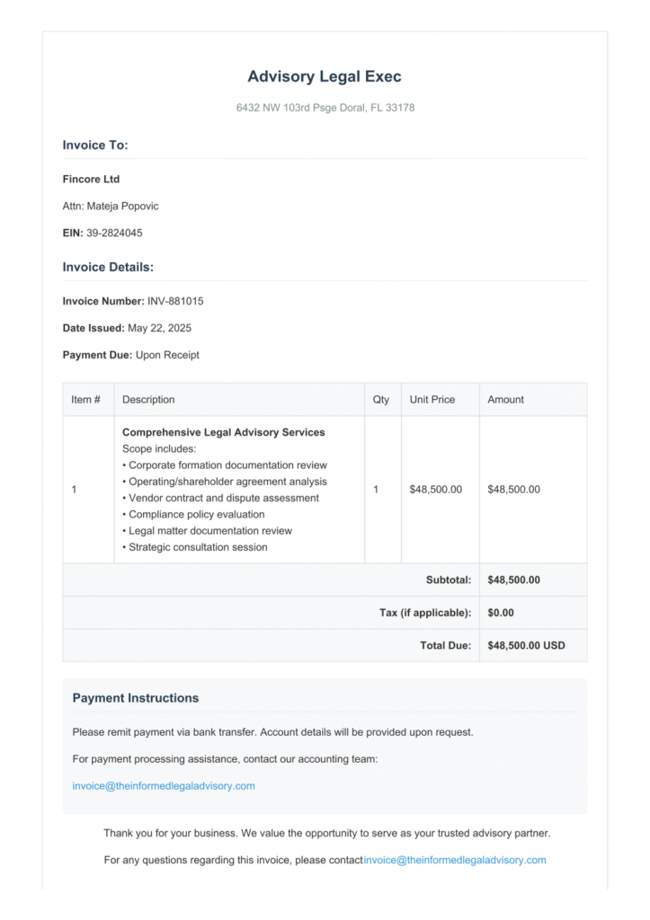 Example of Advisory Legal Exec invoice from Google.